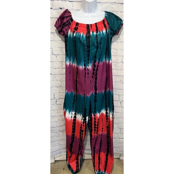 Tie Dye Off the Shoulder Jumpsuit with Pockets, Casual Polyester Large - Picture 2 of 8